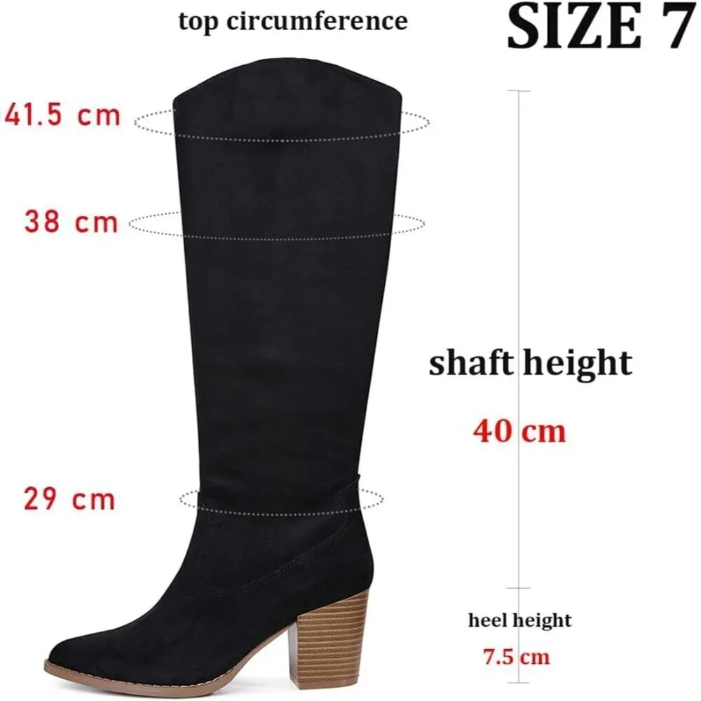Womens Suede Black Side Zipper Knee High Pointed Toe Chunky Heel Tall Boots